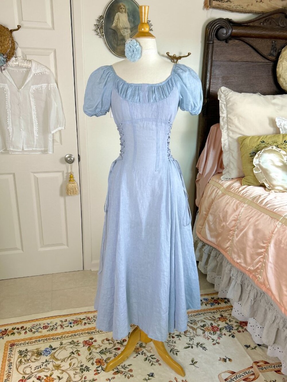Linennaive Blue Linen Corset Milkmaid Dress, Ylang 18 Cinderella, Puff Sleeves - Picture 4 of 9